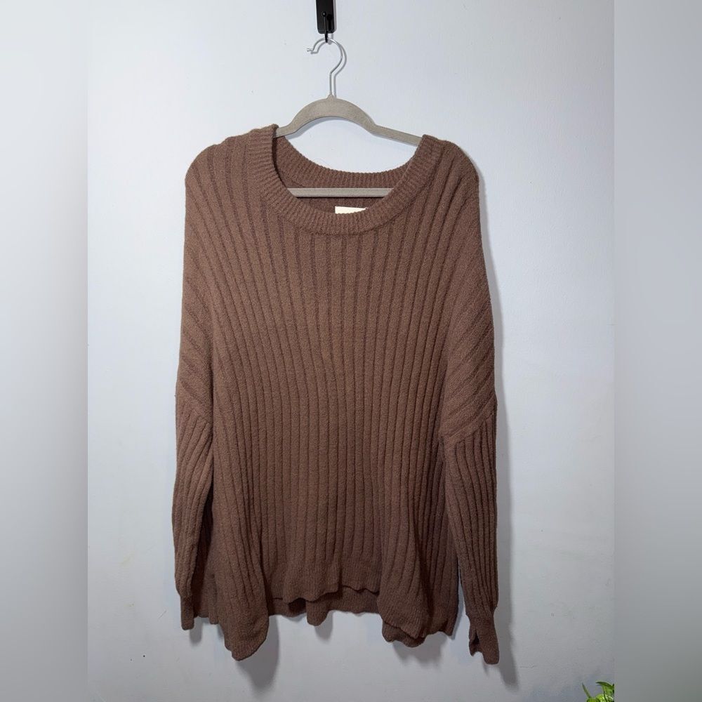 Aerie Women’s Oversized Ribbed Knit Fuzzy Textured Sweater Brown Size L EUC